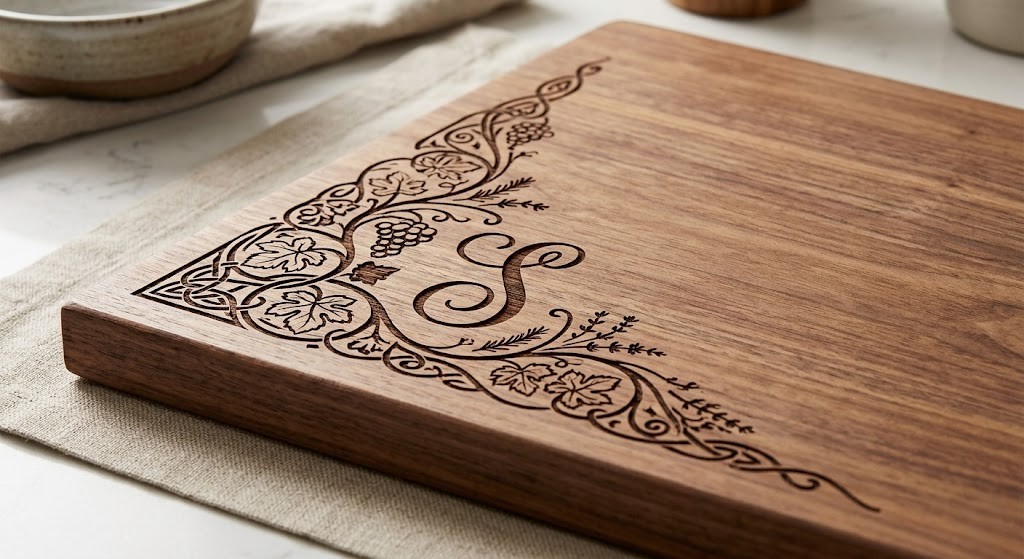 Personalized wood cutting board with precision laser-etched botanical design and custom monogram by SignatureMark