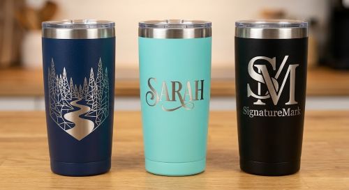 Personalized laser-engraved tumblers in multiple colors with custom designs and SignatureMark logo