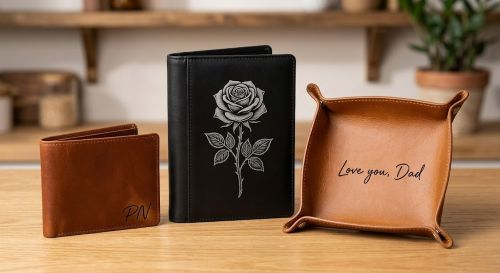 Personalized leather gifts including an engraved wallet, rose-etched binder, and custom valet tray by SignatureMark